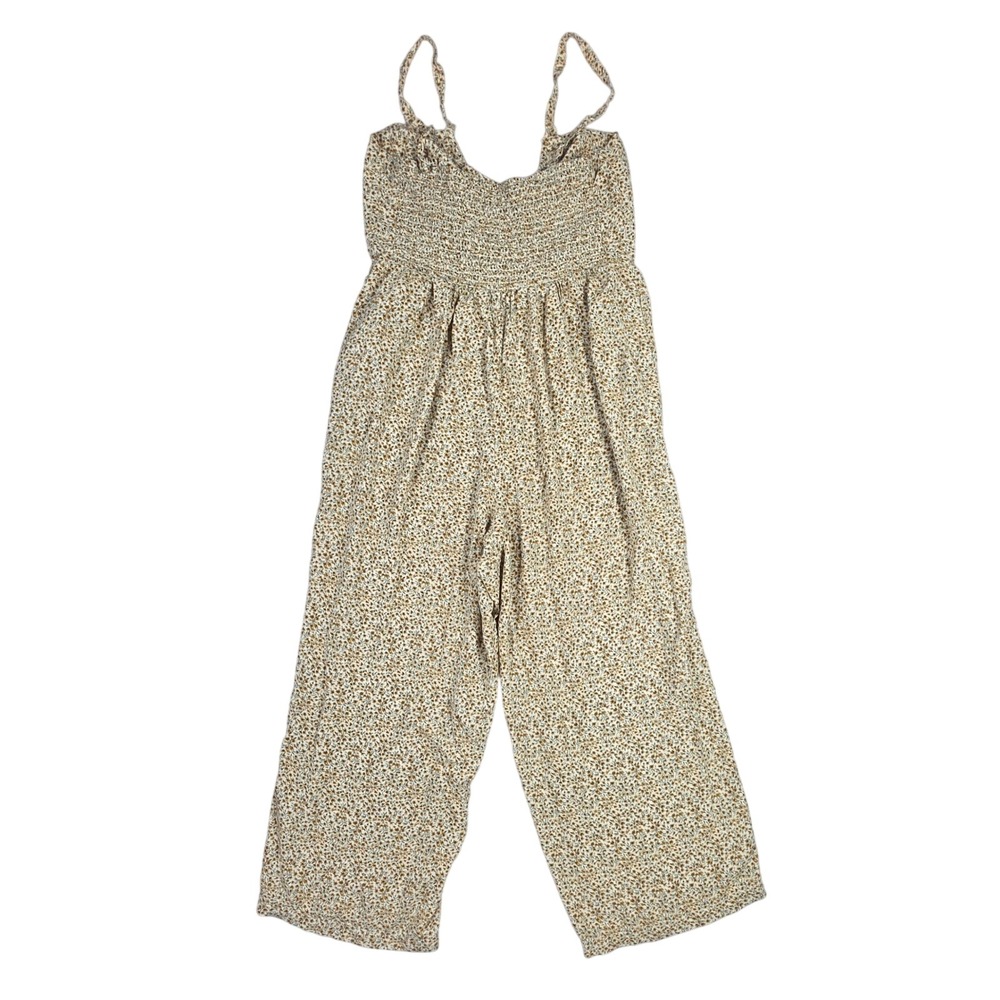 Old Navy Floral Ditsy Print Jumpsuit Wide Leg Smocked Back Mustard Brown Medium